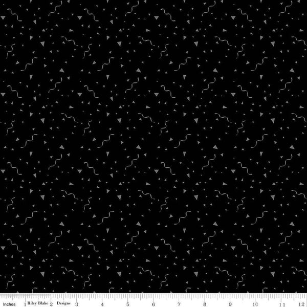 Image of Blackout Festival Black by The RBD Designers for Riley Blake Designs. Features party streamers on a black background. Cute Little Fabric Shop