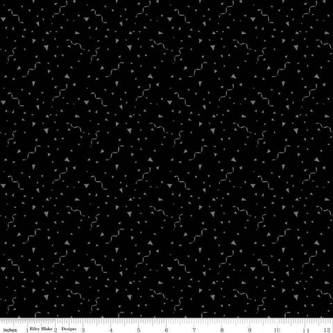 Image of Blackout Festival Black by The RBD Designers for Riley Blake Designs. Features party streamers on a black background. Cute Little Fabric Shop