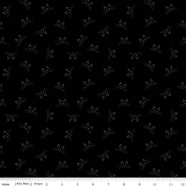Image of Blackout Cat Face Black by The RBD Designers for Riley Blake Designs. Features cat faces on a black background. Cute Little Fabric Shop