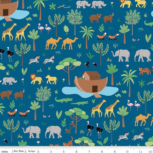 Image of the Two by Two Main Blue quilting cotton fabric by Cayla Naylor for Riley Blake Designs. Features animals on a blue background. Cute Little Fabric Shop