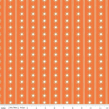 Image of the Two by Two Happy Rays Orange quilting cotton fabric by Cayla Naylor for Riley Blake Designs. Features suns on a orange background. Cute Little Fabric Shop