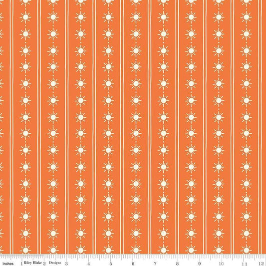 Image of the Two by Two Happy Rays Orange quilting cotton fabric by Cayla Naylor for Riley Blake Designs. Features suns on a orange background. Cute Little Fabric Shop