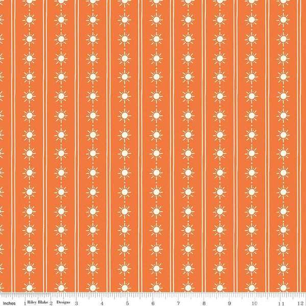 Image of the Two by Two Happy Rays Orange quilting cotton fabric by Cayla Naylor for Riley Blake Designs. Features suns on a orange background. Cute Little Fabric Shop