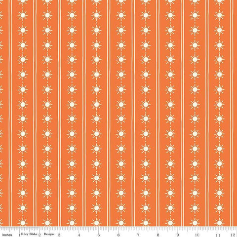 Image of the Two by Two Happy Rays Orange quilting cotton fabric by Cayla Naylor for Riley Blake Designs. Features suns on a orange background. Cute Little Fabric Shop