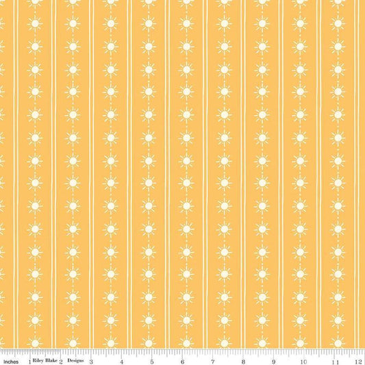 Image of the Two by Two Happy Rays Yellow quilting cotton fabric by Cayla Naylor for Riley Blake Designs. Features suns on a yellow background. Cute Little Fabric Shop