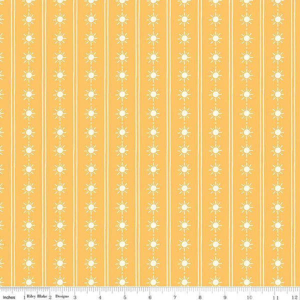 Image of the Two by Two Happy Rays Yellow quilting cotton fabric by Cayla Naylor for Riley Blake Designs. Features suns on a yellow background. Cute Little Fabric Shop