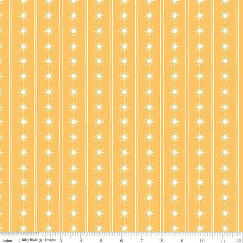 Image of the Two by Two Happy Rays Yellow quilting cotton fabric by Cayla Naylor for Riley Blake Designs. Features suns on a yellow background. Cute Little Fabric Shop