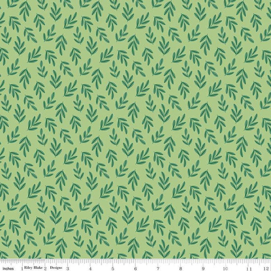 Image of the Two by Two Branchy Bliss Green quilting cotton fabric by Cayla Naylor for Riley Blake Designs. Features leaves on a green background. Cute Little Fabric Shop