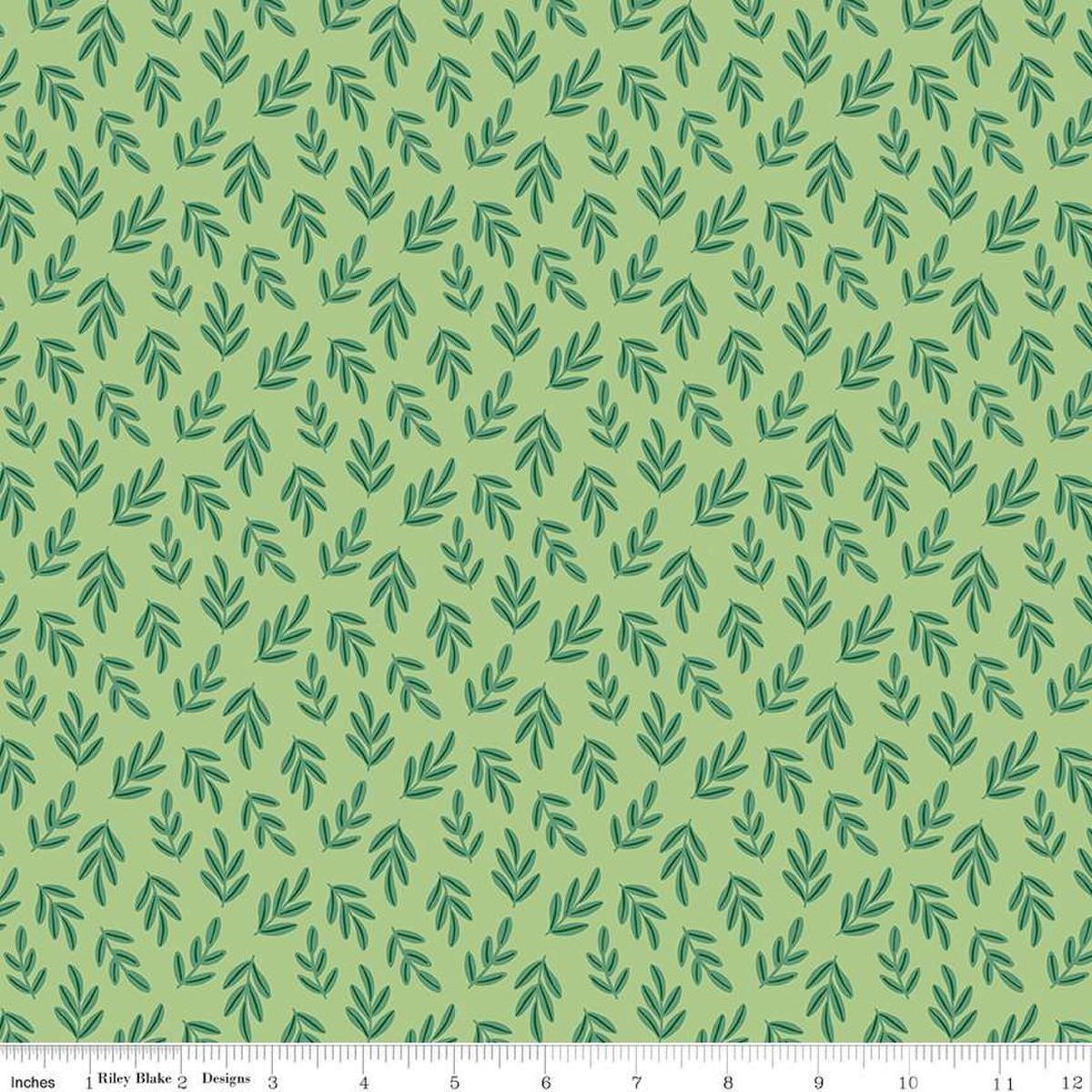 Image of the Two by Two Branchy Bliss Green quilting cotton fabric by Cayla Naylor for Riley Blake Designs. Features leaves on a green background. Cute Little Fabric Shop