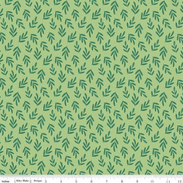 Image of the Two by Two Branchy Bliss Green quilting cotton fabric by Cayla Naylor for Riley Blake Designs. Features leaves on a green background. Cute Little Fabric Shop