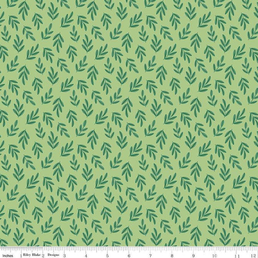 Image of the Two by Two Branchy Bliss Green quilting cotton fabric by Cayla Naylor for Riley Blake Designs. Features leaves on a green background. Cute Little Fabric Shop