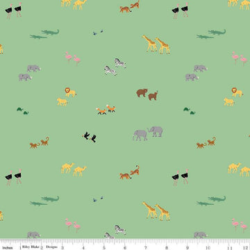 Image of the Two by Two Perfect Pairs Green quilting cotton fabric by Cayla Naylor for Riley Blake Designs. Features animals on a green background. Cute Little Fabric Shop