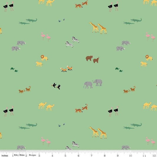 Image of the Two by Two Perfect Pairs Green quilting cotton fabric by Cayla Naylor for Riley Blake Designs. Features animals on a green background. Cute Little Fabric Shop
