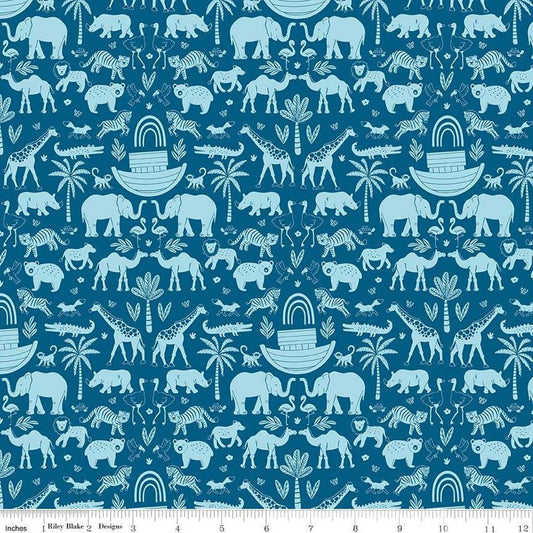 Image of the Two by Two Ark Adventures Blue quilting cotton fabric by Cayla Naylor for Riley Blake Designs. Features animals on a blue background. Cute Little Fabric Shop