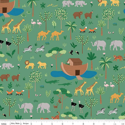 Image of the Two by Two Main Green quilting cotton fabric by Cayla Naylor for Riley Blake Designs. Features animals on a green background. Cute Little Fabric Shop
