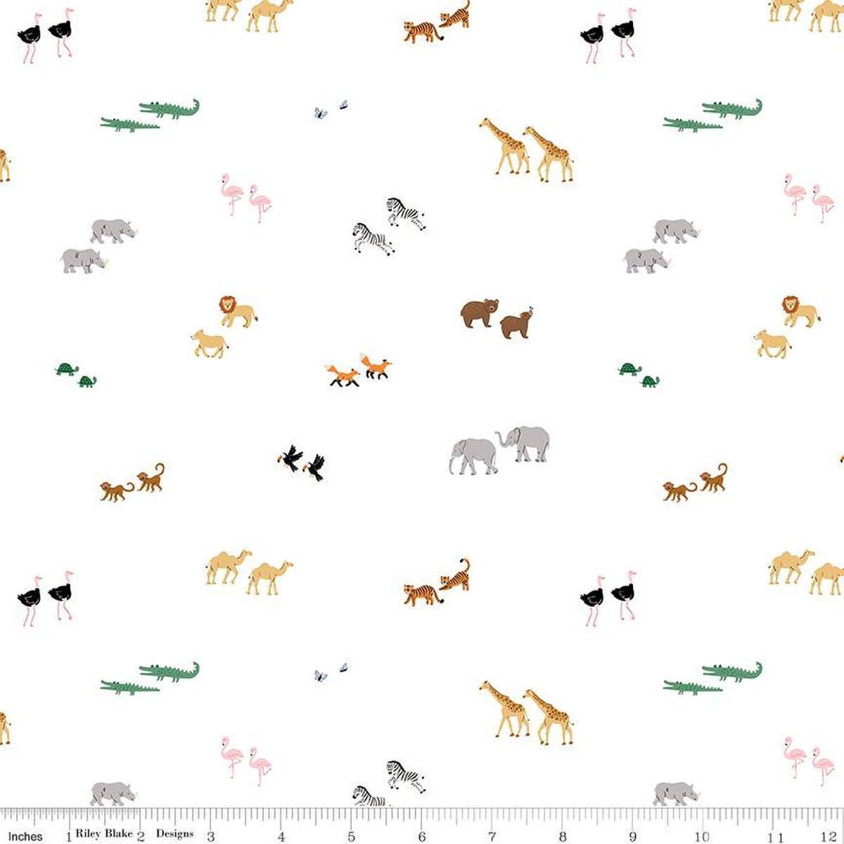 Image of the Two by Two Perfect Pairs White quilting cotton fabric by Cayla Naylor for Riley Blake Designs. Features animals on a white background. Cute Little Fabric Shop