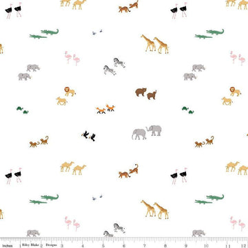 Image of the Two by Two Perfect Pairs White quilting cotton fabric by Cayla Naylor for Riley Blake Designs. Features animals on a white background. Cute Little Fabric Shop