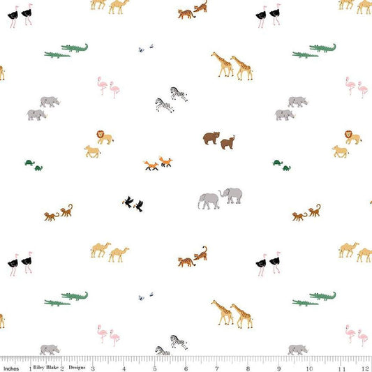 Image of the Two by Two Perfect Pairs White quilting cotton fabric by Cayla Naylor for Riley Blake Designs. Features animals on a white background. Cute Little Fabric Shop