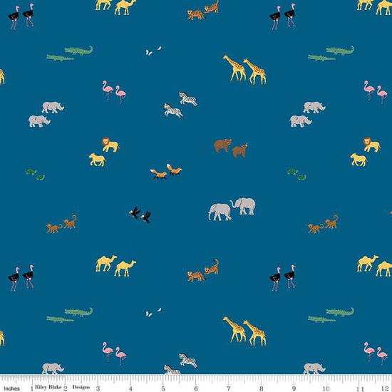 Image of the Two by Two Perfect Pairs Blue quilting cotton fabric by Cayla Naylor for Riley Blake Designs. Features animals on a blue background. Cute Little Fabric Shop