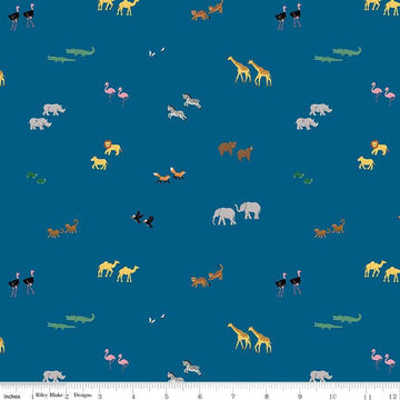 Image of the Two by Two Perfect Pairs Blue quilting cotton fabric by Cayla Naylor for Riley Blake Designs. Features animals on a blue background. Cute Little Fabric Shop