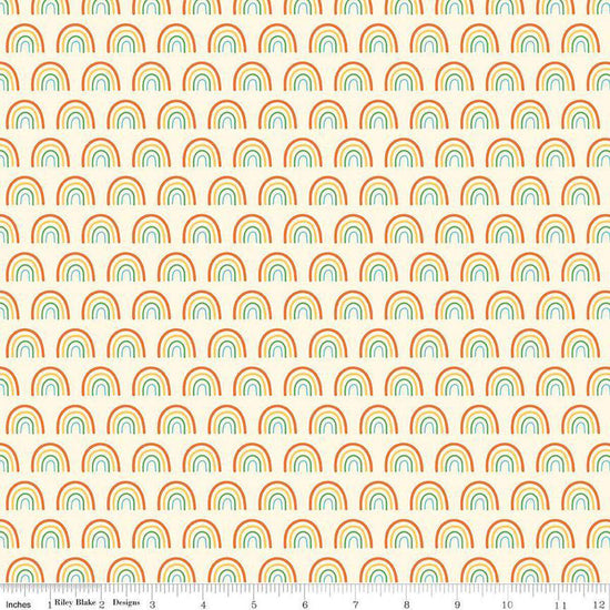 Image of the Two by Two Chasing Rainbows Multi quilting cotton fabric by Cayla Naylor for Riley Blake Designs. Features rainbows on a white background. Cute Little Fabric Shop