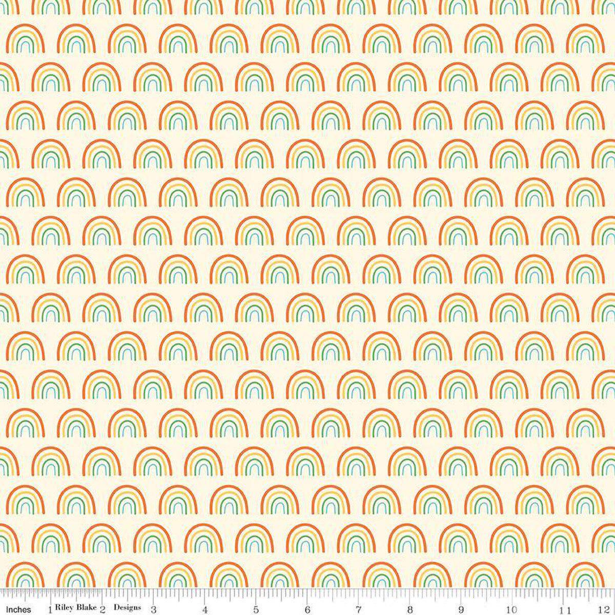 Image of the Two by Two Chasing Rainbows Multi quilting cotton fabric by Cayla Naylor for Riley Blake Designs. Features rainbows on a white background. Cute Little Fabric Shop