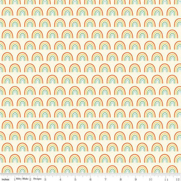 Image of the Two by Two Chasing Rainbows Multi quilting cotton fabric by Cayla Naylor for Riley Blake Designs. Features rainbows on a white background. Cute Little Fabric Shop