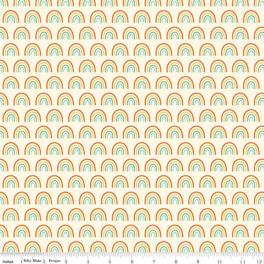 Image of the Two by Two Chasing Rainbows Multi quilting cotton fabric by Cayla Naylor for Riley Blake Designs. Features rainbows on a white background. Cute Little Fabric Shop