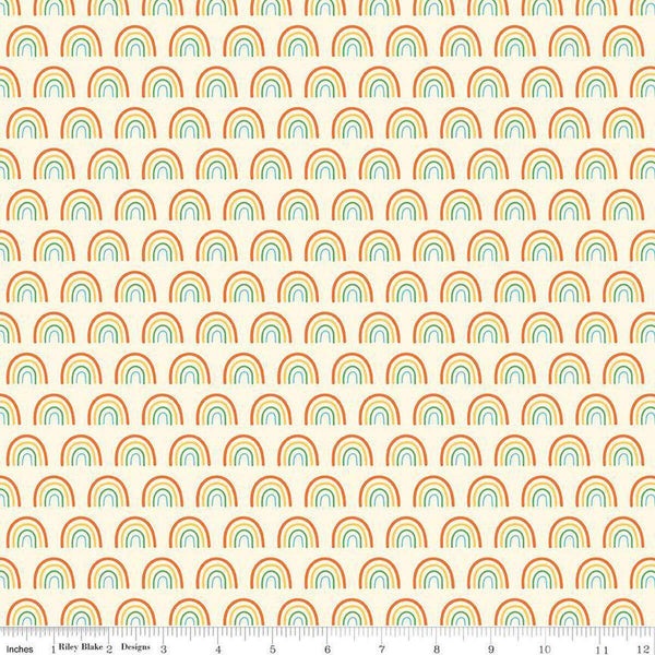Image of the Two by Two Chasing Rainbows Multi quilting cotton fabric by Cayla Naylor for Riley Blake Designs. Features rainbows on a white background. Cute Little Fabric Shop