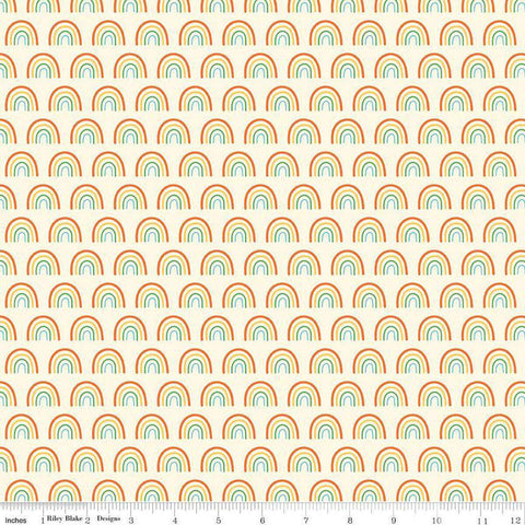 Image of the Two by Two Chasing Rainbows Multi quilting cotton fabric by Cayla Naylor for Riley Blake Designs. Features rainbows on a white background. Cute Little Fabric Shop