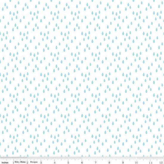 Image of the Two by Two Rainy Day White quilting cotton fabric by Cayla Naylor for Riley Blake Designs. Features raindrops on a white background. Cute Little Fabric Shop