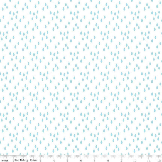 Image of the Two by Two Rainy Day White quilting cotton fabric by Cayla Naylor for Riley Blake Designs. Features raindrops on a white background. Cute Little Fabric Shop