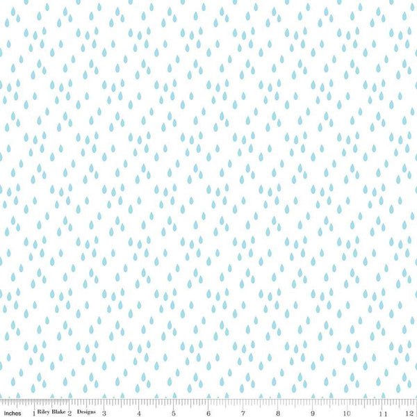 Image of the Two by Two Rainy Day White quilting cotton fabric by Cayla Naylor for Riley Blake Designs. Features raindrops on a white background. Cute Little Fabric Shop