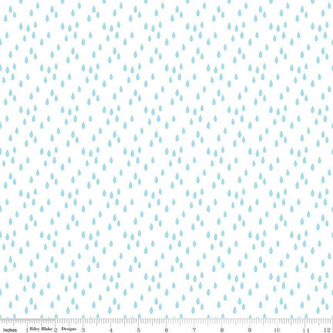 Image of the Two by Two Rainy Day White quilting cotton fabric by Cayla Naylor for Riley Blake Designs. Features raindrops on a white background. Cute Little Fabric Shop