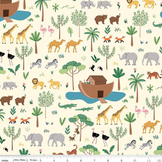 Image of the Two by Two Main Cream quilting cotton fabric by Cayla Naylor for Riley Blake Designs. Features animals on a cream background. Cute Little Fabric Shop