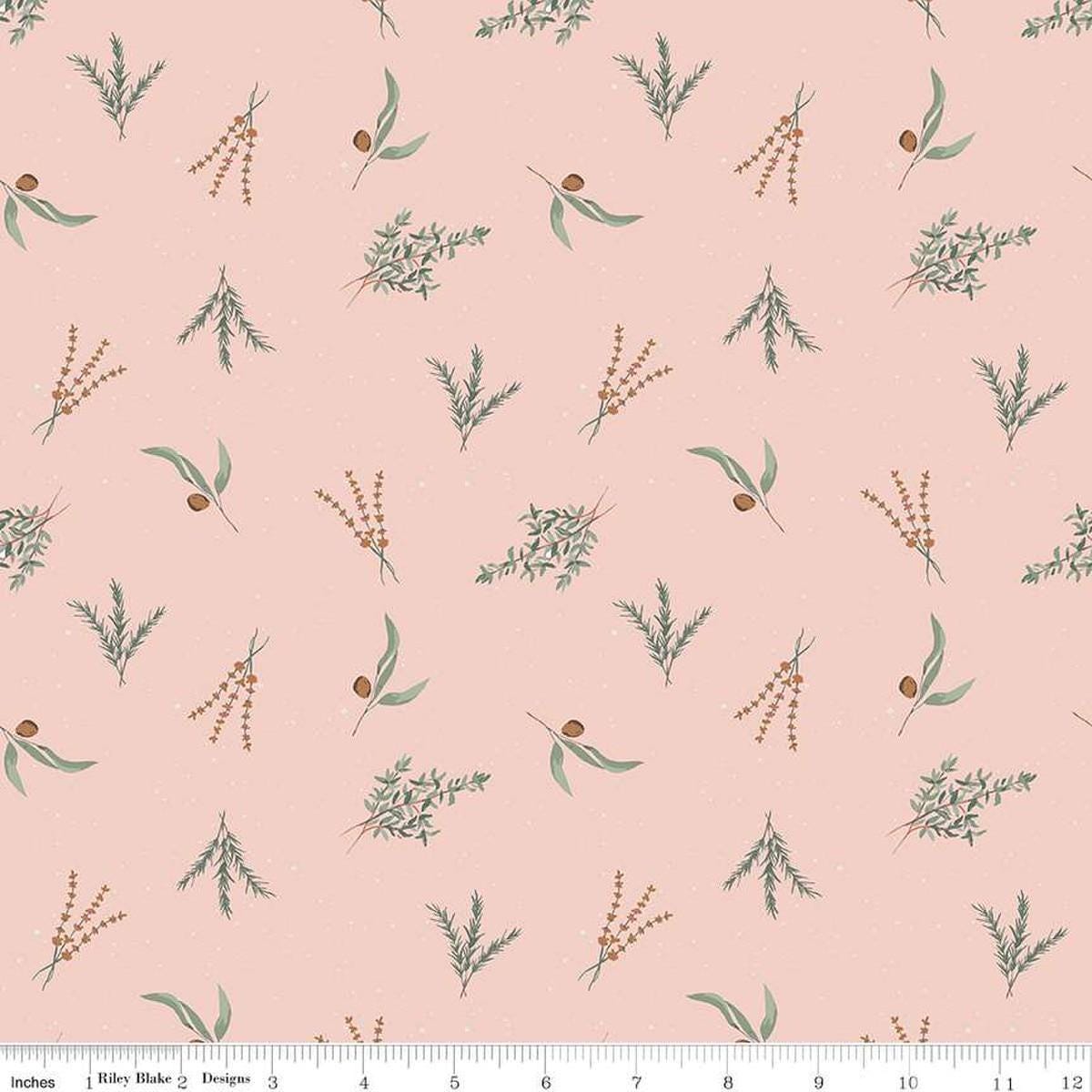 Image of Olive Grove Herbs Pink quilting cotton fabric by Amber Elliot for Riley Blake Designs. Features leaves on a pink background. Cute Little Fabric Shop
