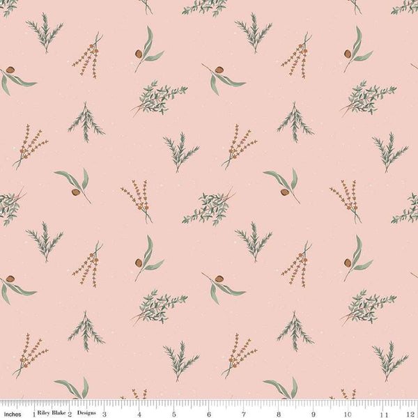 Image of Olive Grove Herbs Pink quilting cotton fabric by Amber Elliot for Riley Blake Designs. Features leaves on a pink background. Cute Little Fabric Shop