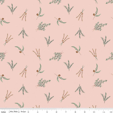 Image of Olive Grove Herbs Pink quilting cotton fabric by Amber Elliot for Riley Blake Designs. Features leaves on a pink background. Cute Little Fabric Shop