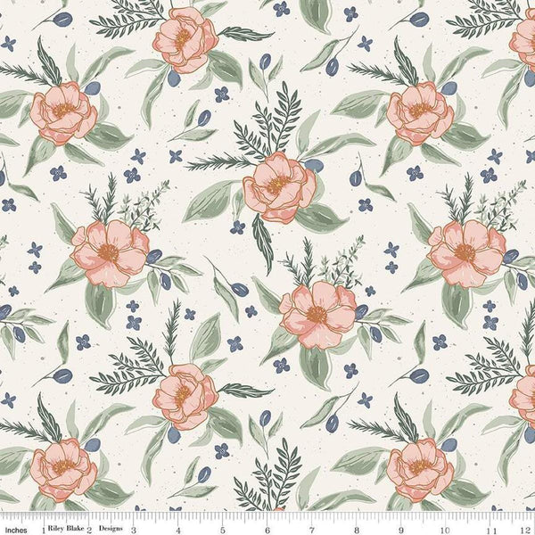 Image of Olive Grove Floral Ivory quilting cotton fabric by Amber Elliot for Riley Blake Designs. Features flowers on a white background. Cute Little Fabric Shop
