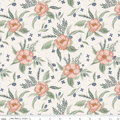 Image of Olive Grove Floral Ivory quilting cotton fabric by Amber Elliot for Riley Blake Designs. Features flowers on a white background. Cute Little Fabric Shop