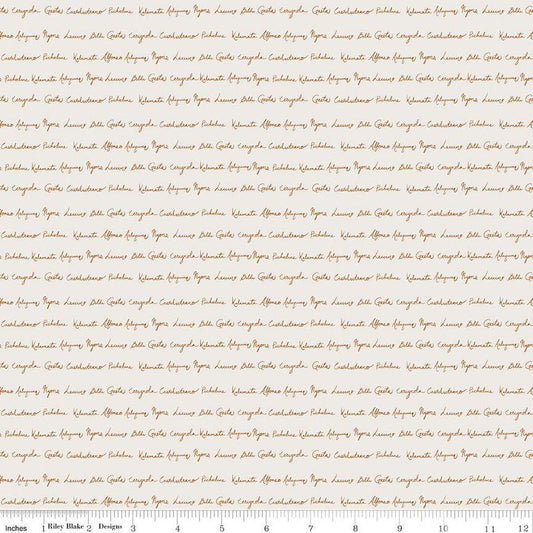 Image of Olive Grove Script Ivory quilting cotton fabric by Amber Elliot for Riley Blake Designs. Features handwriting on an off-white background. Cute Little Fabric Shop