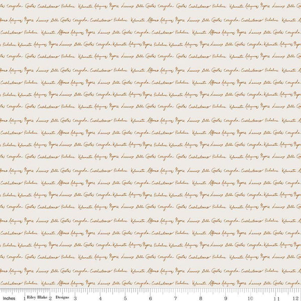 Image of Olive Grove Script Ivory quilting cotton fabric by Amber Elliot for Riley Blake Designs. Features handwriting on an off-white background. Cute Little Fabric Shop