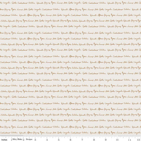 Image of Olive Grove Script Ivory quilting cotton fabric by Amber Elliot for Riley Blake Designs. Features handwriting on an off-white background. Cute Little Fabric Shop