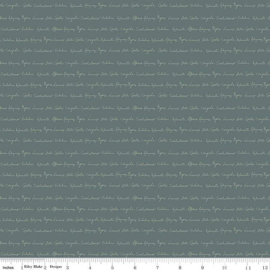 Image of Olive Grove Script Teal quilting cotton fabric by Amber Elliot for Riley Blake Designs. Features handwriting on a green background. Cute Little Fabric Shop