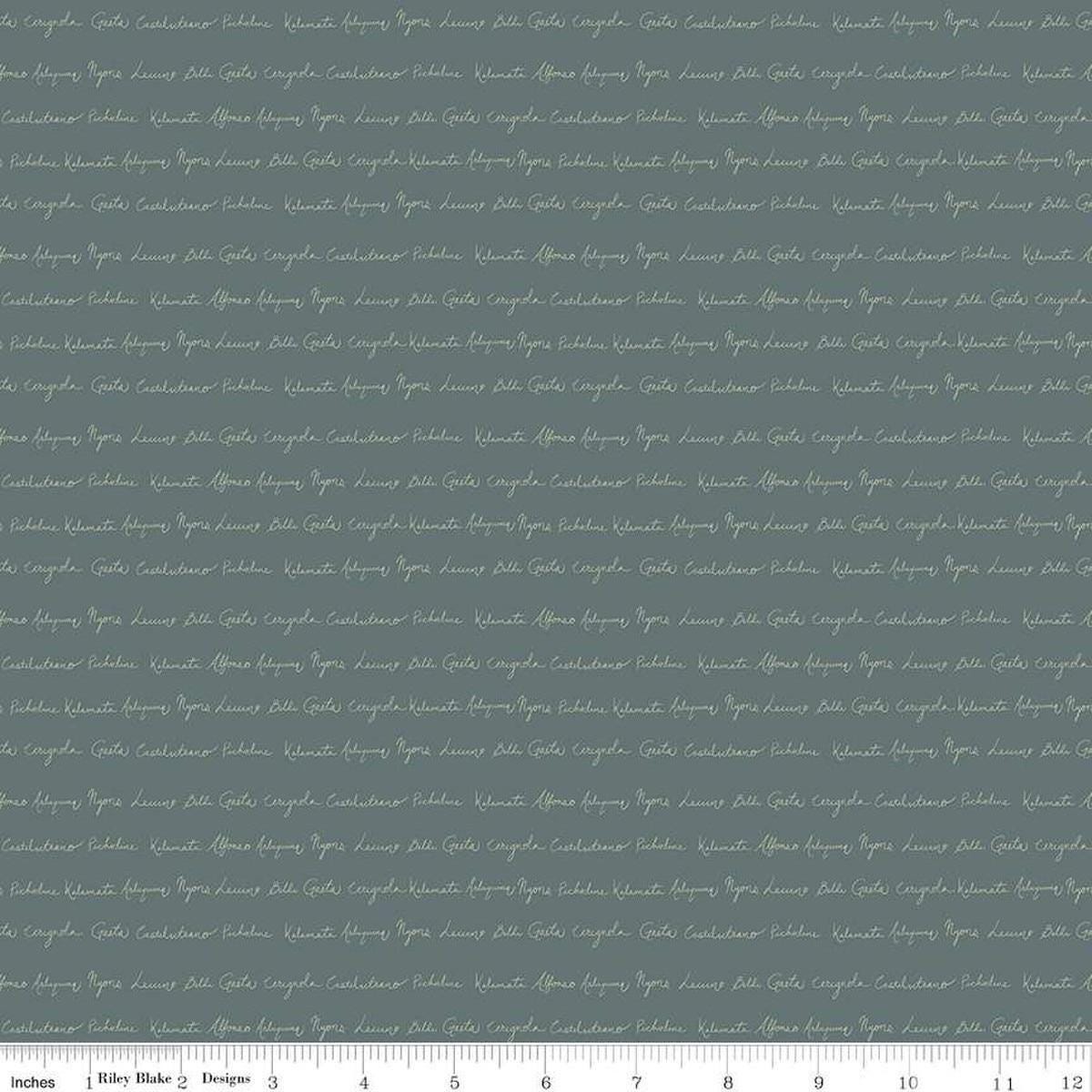Image of Olive Grove Script Teal quilting cotton fabric by Amber Elliot for Riley Blake Designs. Features handwriting on a green background. Cute Little Fabric Shop