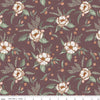 Image of Olive Grove Floral Plum quilting cotton fabric by Amber Elliot for Riley Blake Designs. Features flowers on a brown background. Cute Little Fabric Shop