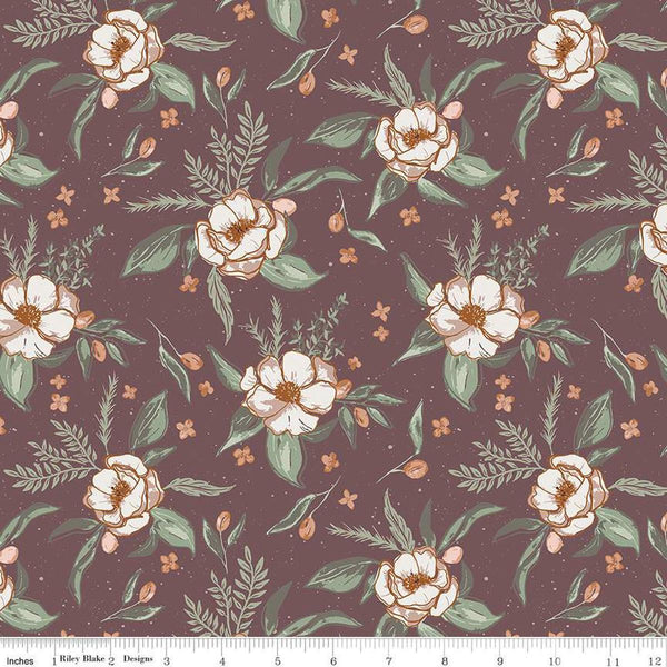 Image of Olive Grove Floral Plum quilting cotton fabric by Amber Elliot for Riley Blake Designs. Features flowers on a brown background. Cute Little Fabric Shop