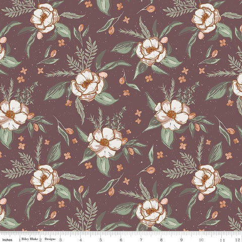 Image of Olive Grove Floral Plum quilting cotton fabric by Amber Elliot for Riley Blake Designs. Features flowers on a brown background. Cute Little Fabric Shop