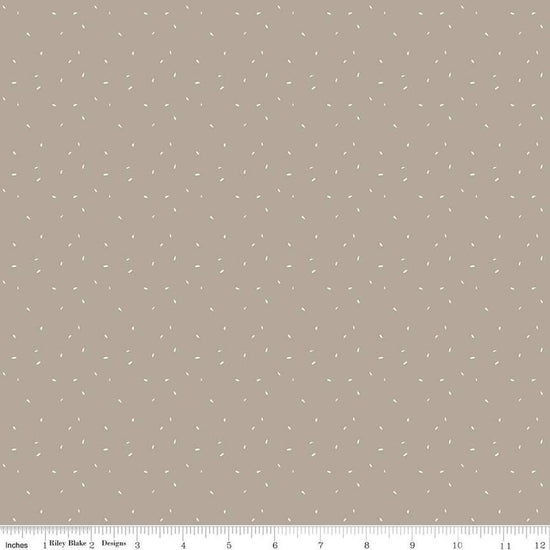 Image of Olive Grove Dots Pewter quilting cotton fabric by Amber Elliot for Riley Blake Designs. Features dots on a brown background. Cute Little Fabric Shop