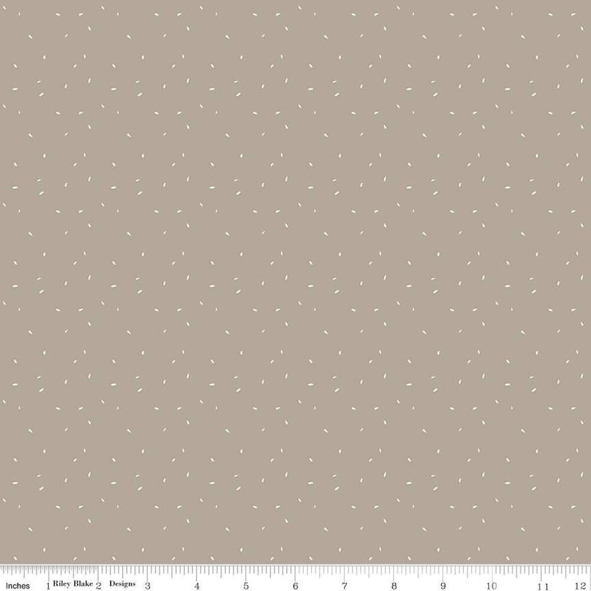 Image of Olive Grove Dots Pewter quilting cotton fabric by Amber Elliot for Riley Blake Designs. Features dots on a brown background. Cute Little Fabric Shop